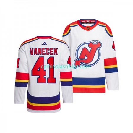 Camiseta New Jersey Devils VITEK VANECEK 41 Adidas 2022-2023 Reverse Retro Branco Authentic - Homem